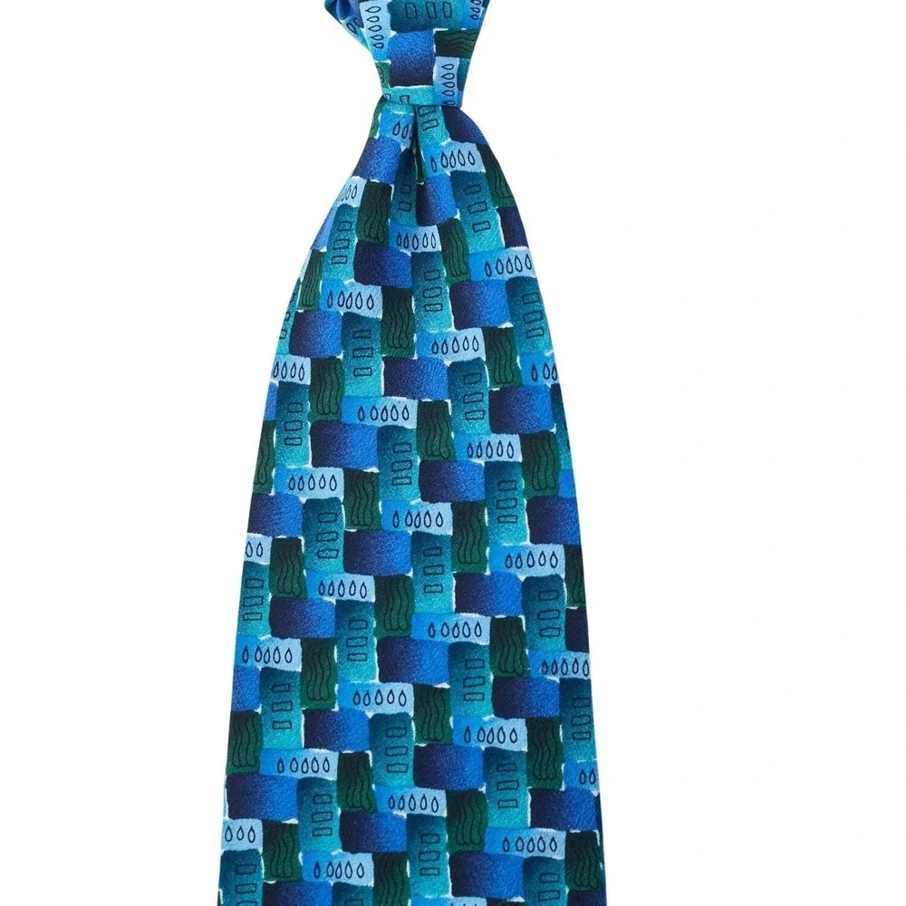 J. Garcia Men's Silk Necktie Blue/Green‎ Geometric Fish Collection 17 Necktie